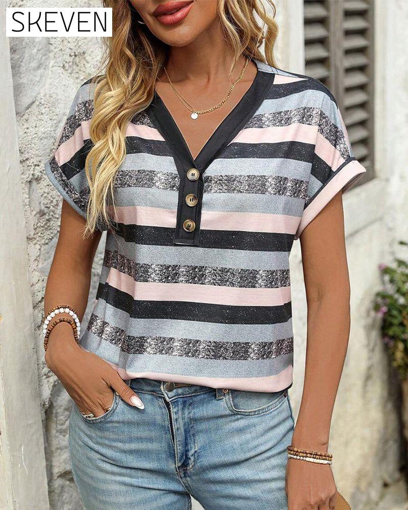 V-Neck Three-Button Striped T-Shirt