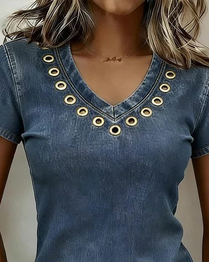 Hollow-Out V-Neck Short-Sleeved Top