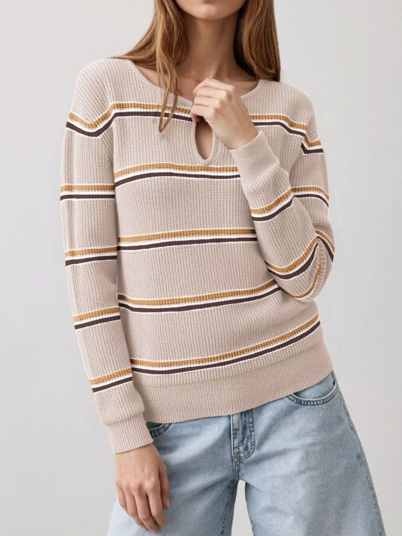 Striped Ribbed Knit Top with Keyhole Neckline