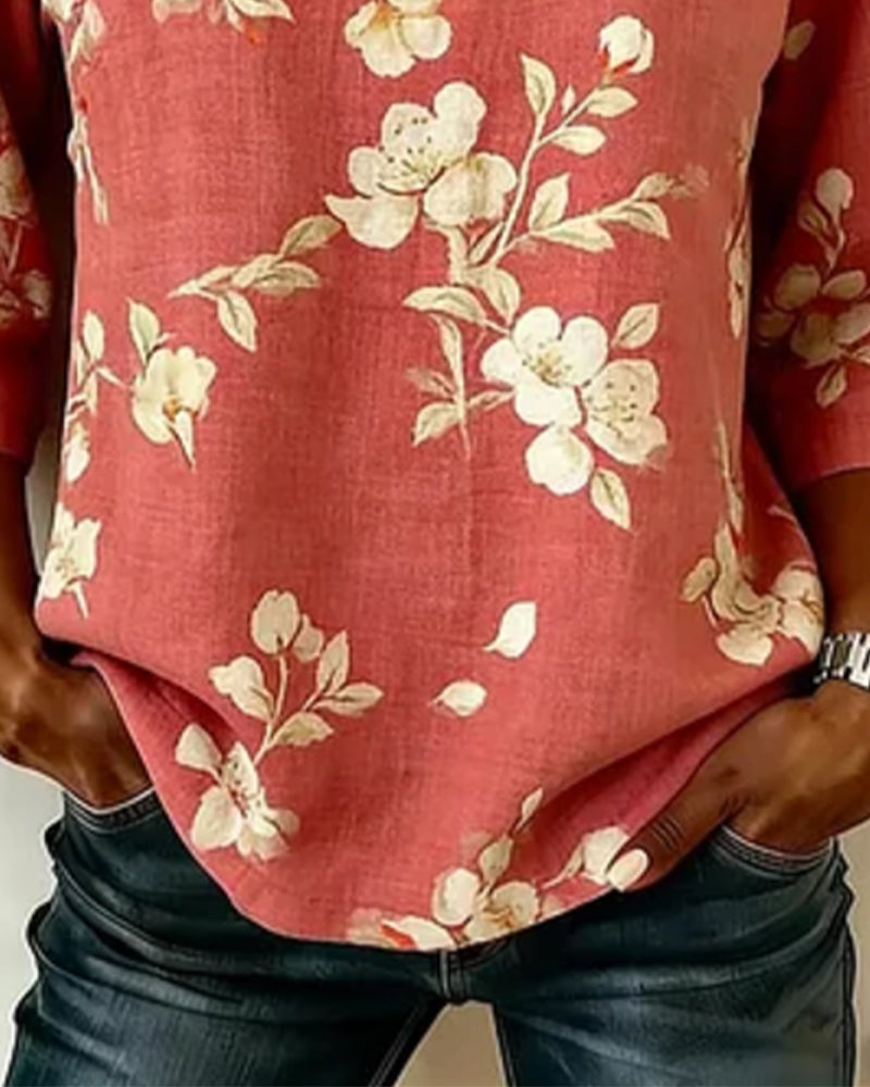 Flower Print Side Button 3/4 Sleeve Blouse