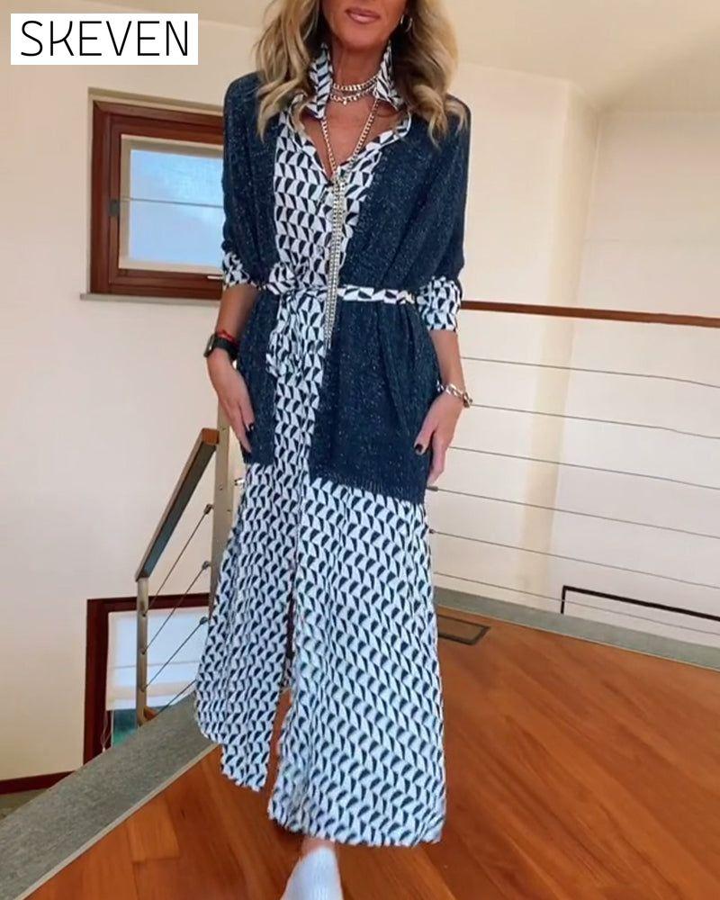 Geometric print lapel slit dress