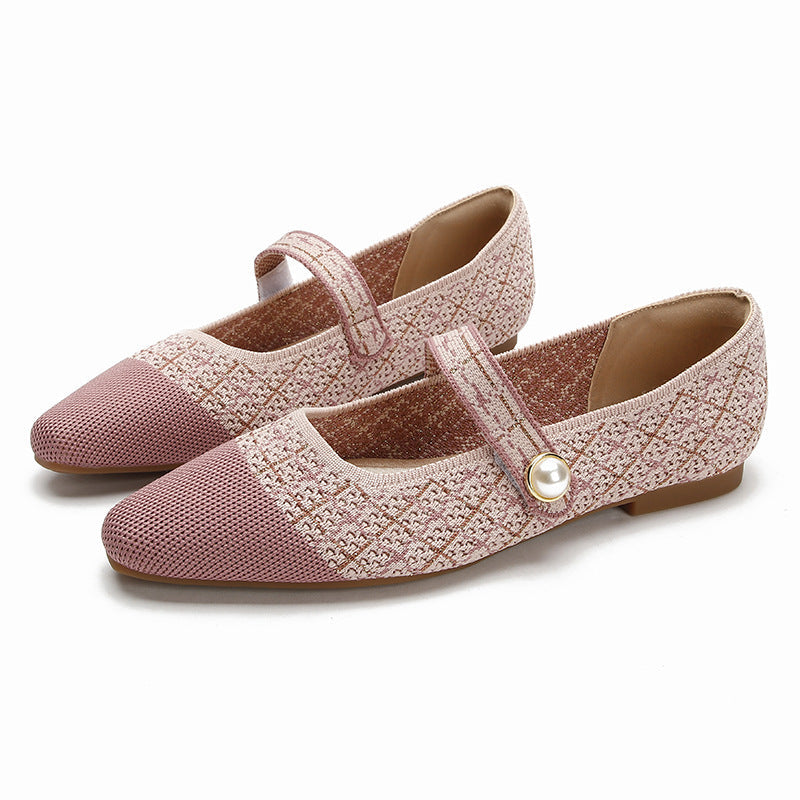 Mary Jane Japanese-style Womens Knit Ballet Flats With A Single Strap And A Square Toe