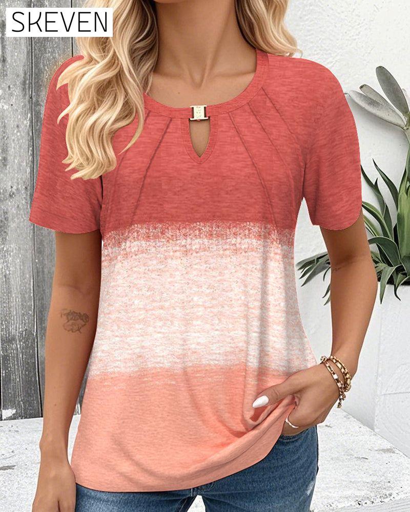 Round Neck Contrast Short Sleeve Blouse