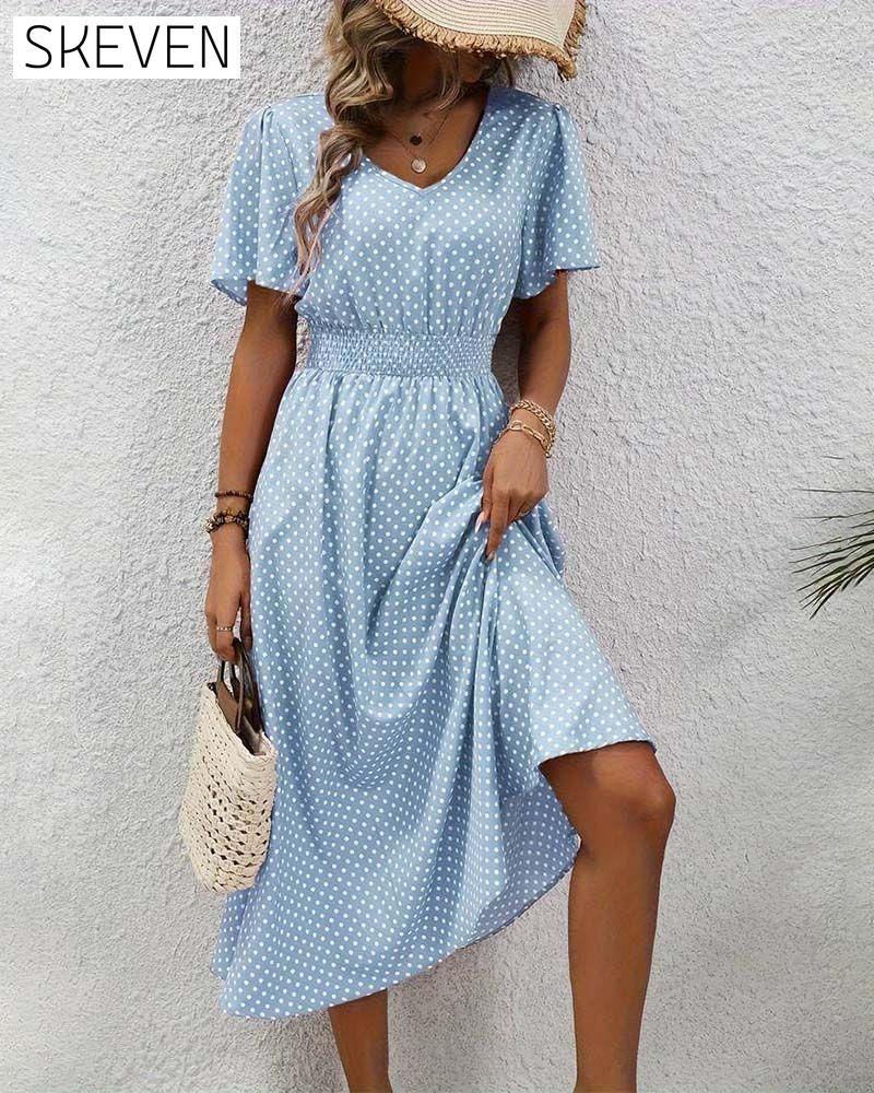 Elegant polka dot print butterfly sleeve waist dress casual dresses spring summer