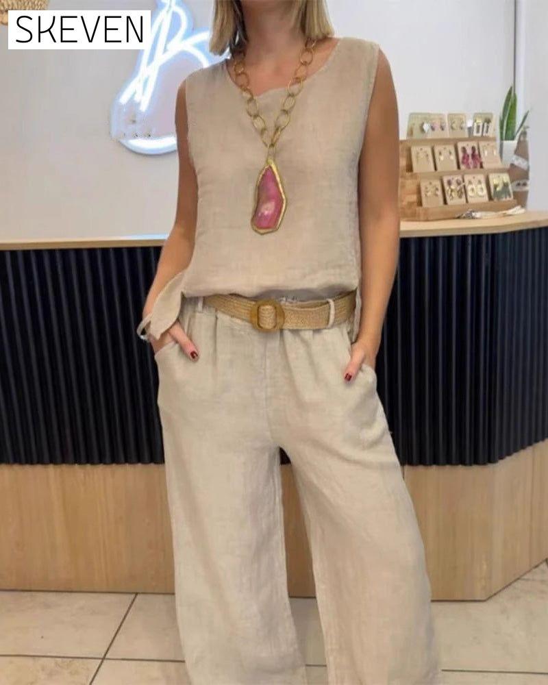 Set aus ärmellosen Hosen in Unifarben aus Baumwolle und Leinen