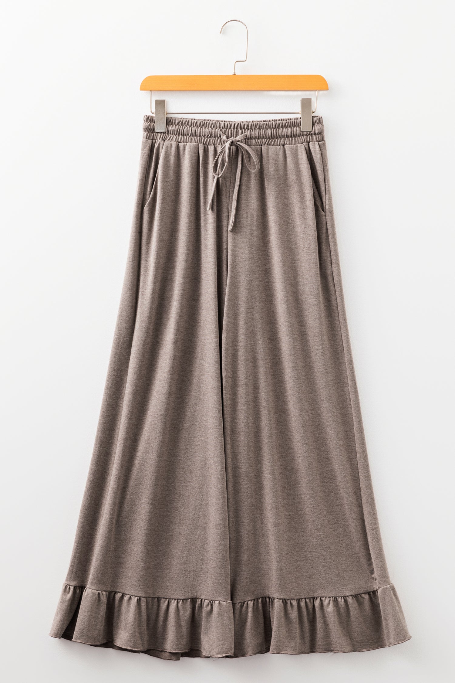 Solid Ruffle Wide Leg High Waist Pants