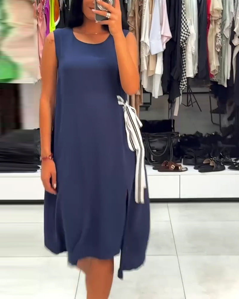 Irregular Solid Color Slit Sleeveless Dress