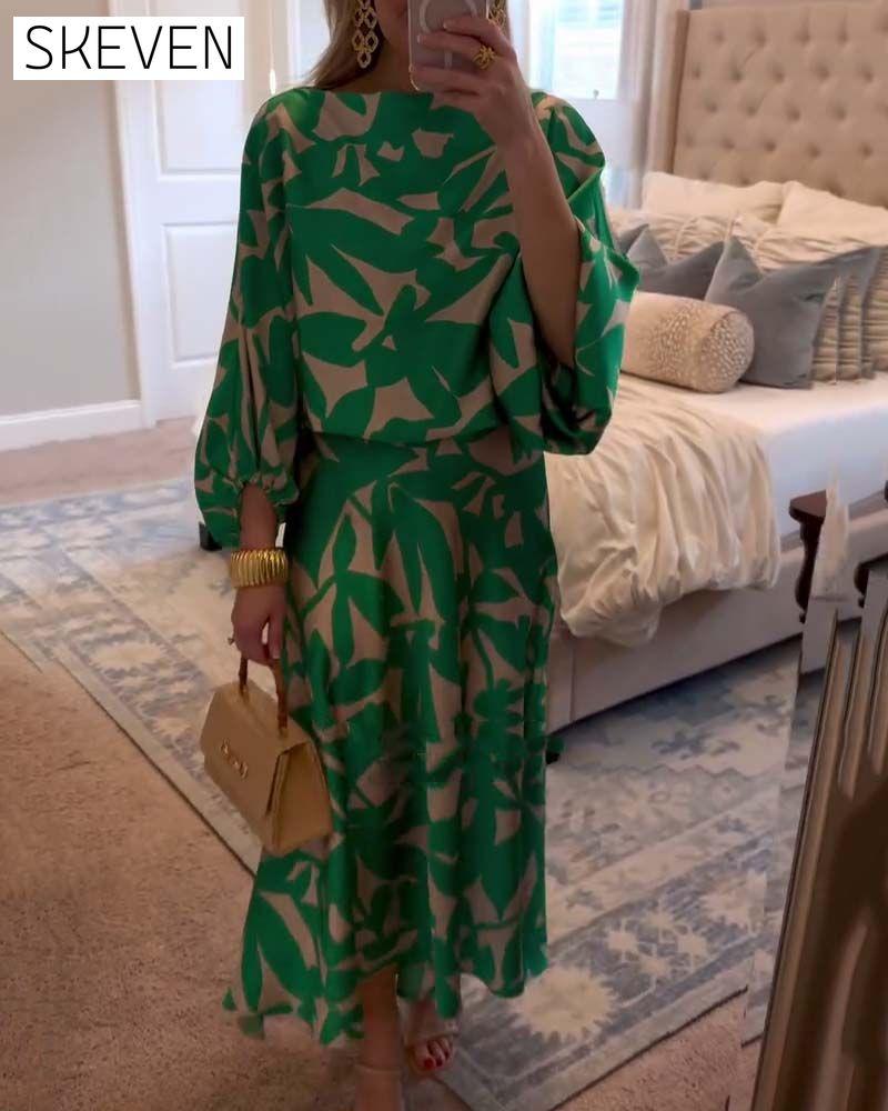 Temperament Printed Lantern Sleeves Casual Dress Set