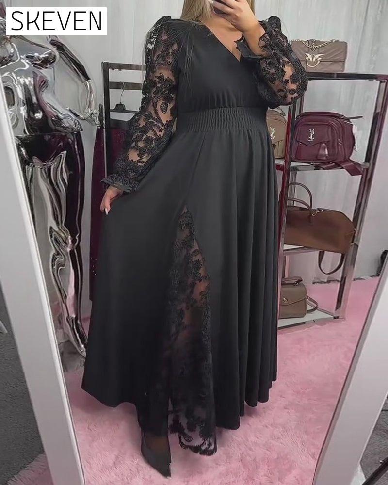 Lace Stitching V-Neck A Hem Dress
