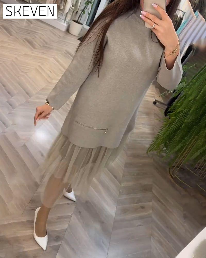 High collar mesh patchwork dress 2024 f/w casual dresses