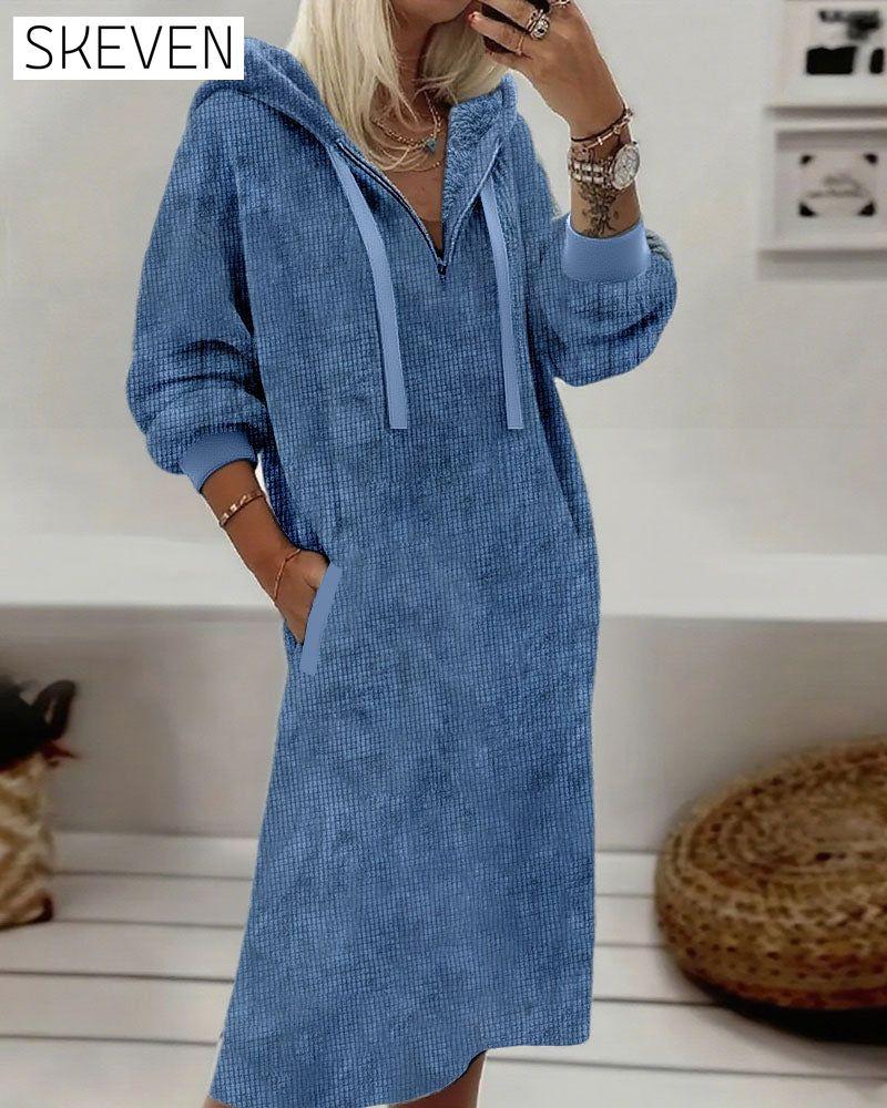 Fleece Waffle-Knit Casual Sweatshirt Dress