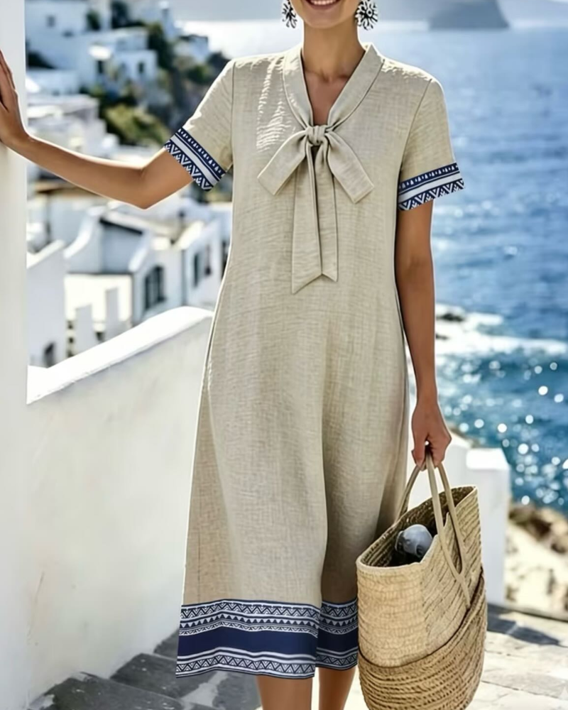 V-Neck Bow Tie Color Block Dress