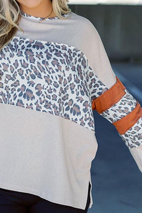 Leoparden-Langarm-T-Shirt mit Schlitz