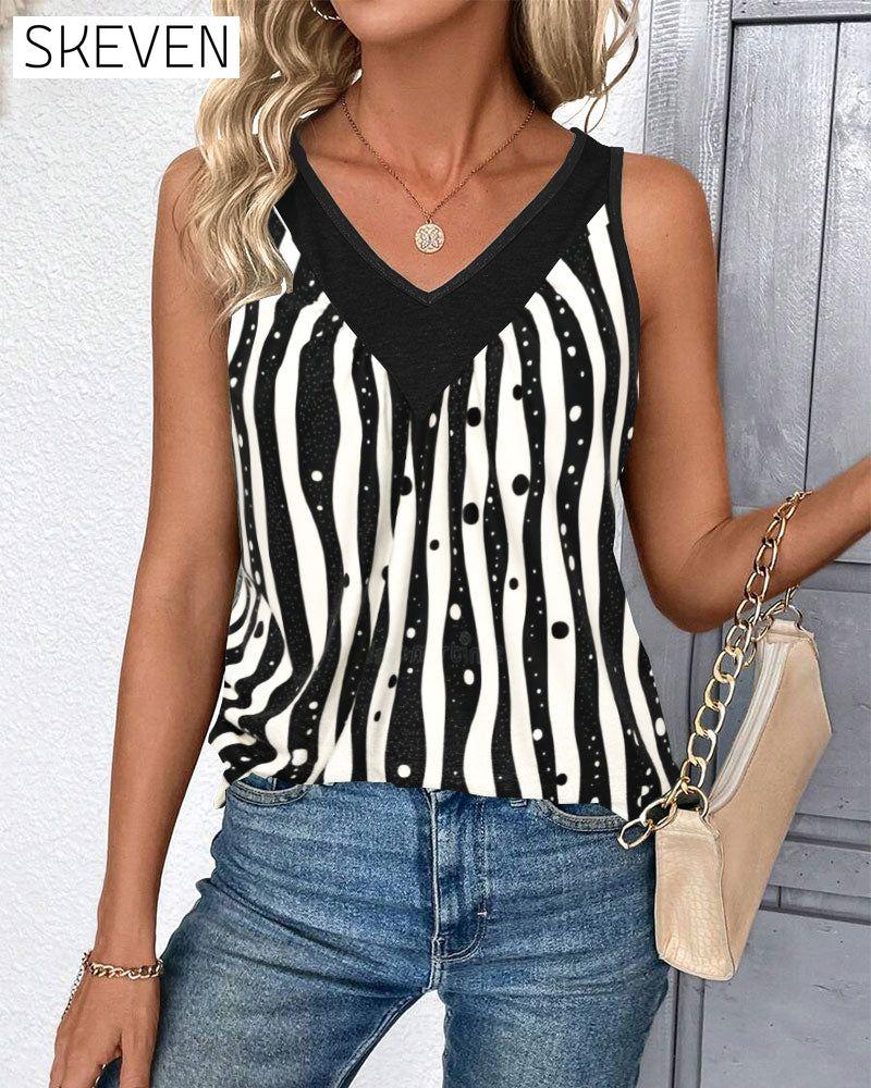 Sleeveless Striped Colorblock Print Vest