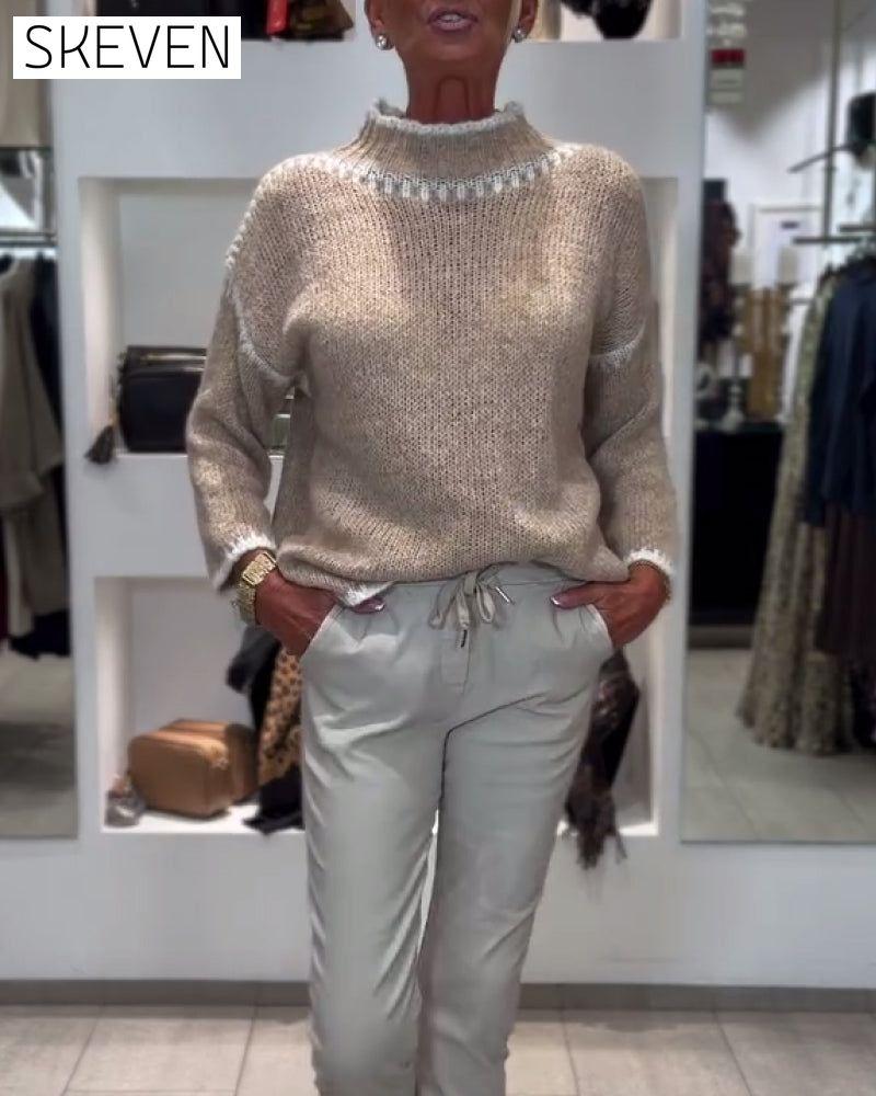 High-Neck Contrasting Color Versatile Pullover