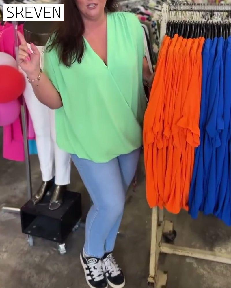 V-neck ruffle trim solid color casual blouse