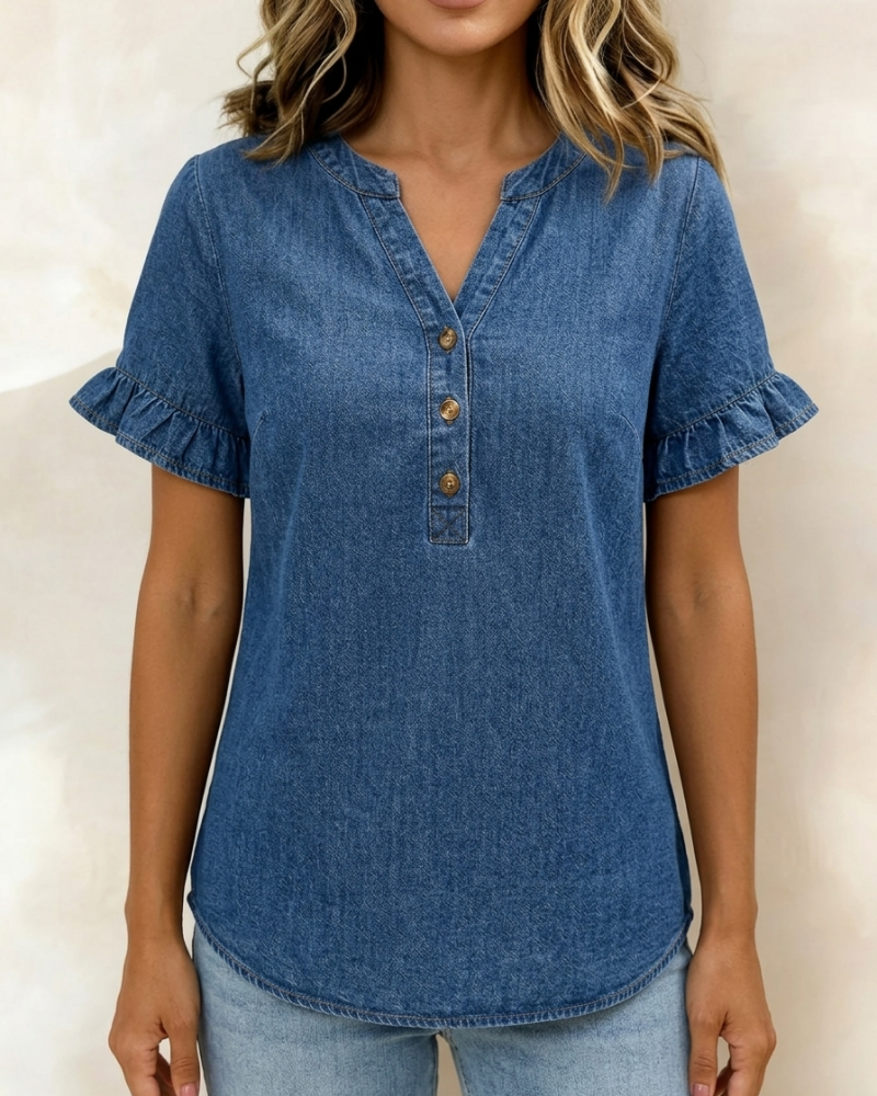 Denim V-Neck Ruffled Short-Sleeve Blouse