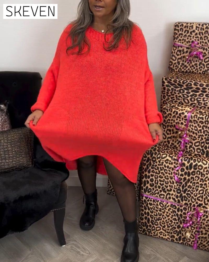 Einfarbiges, locker sitzendes Strickkleid mit Taschen