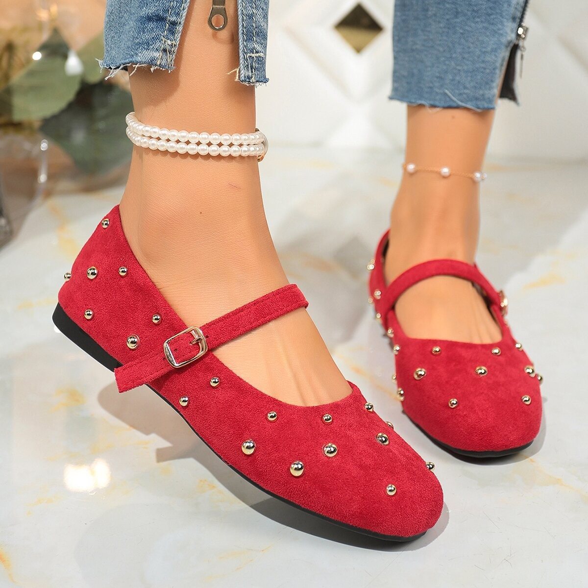 Mary Jane Womens French-style Rivet-studded Round-toe Flat Shoes