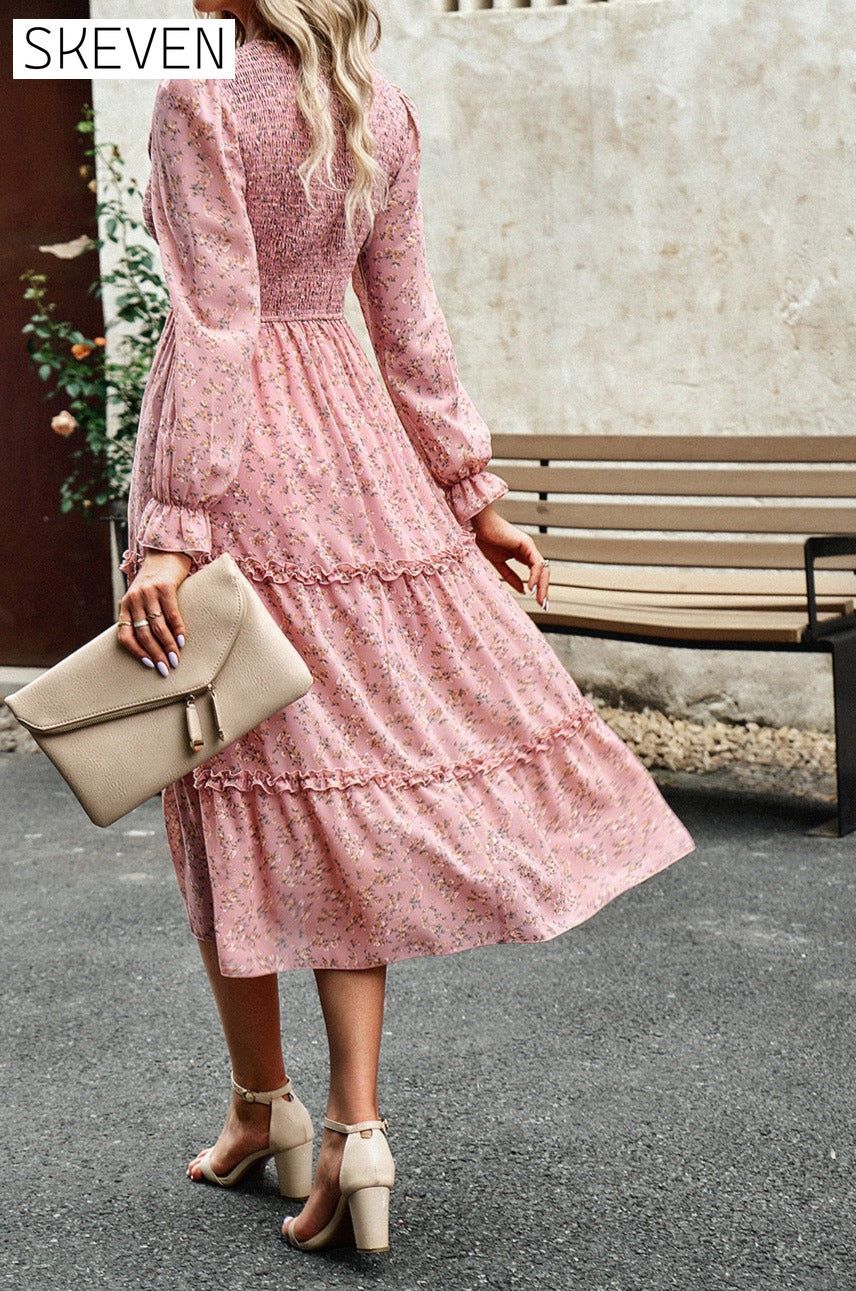 Smocked Flounce Sleeve Midi Dress clothes DY Ship From Overseas trendsi
