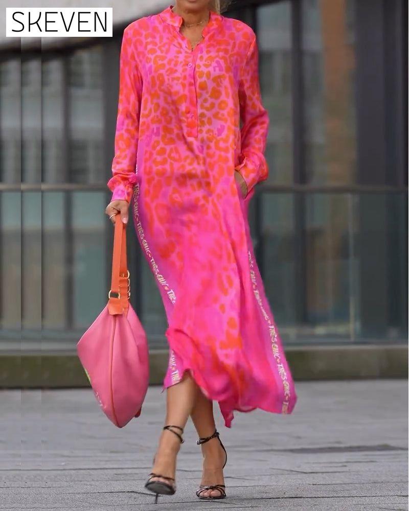 Long-Sleeved Leopard Print Slit Dress