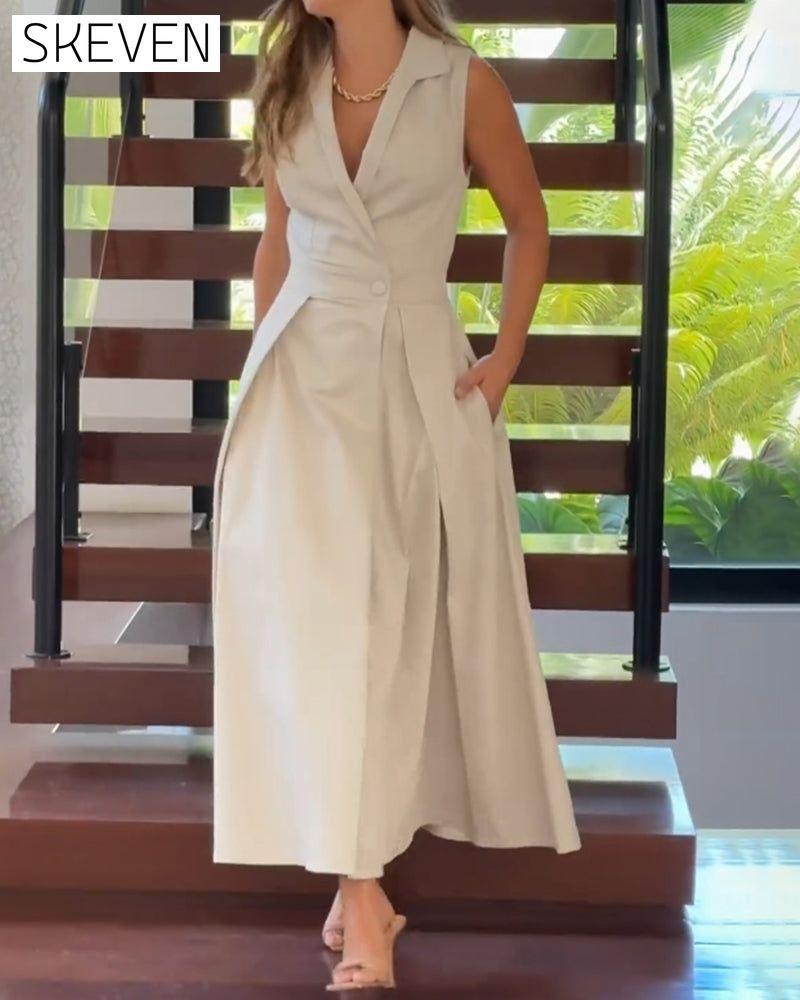 Sleeveless lapel elegant solid color dress