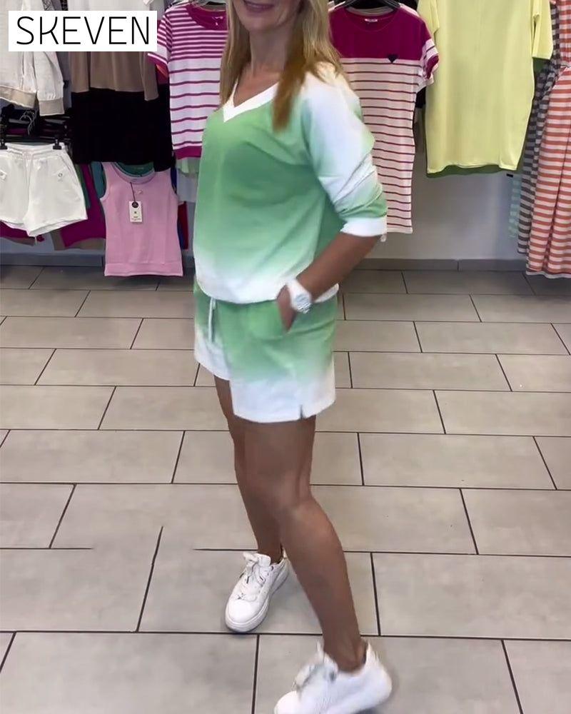 Long-Sleeved V-Neck Gradient Sports Set