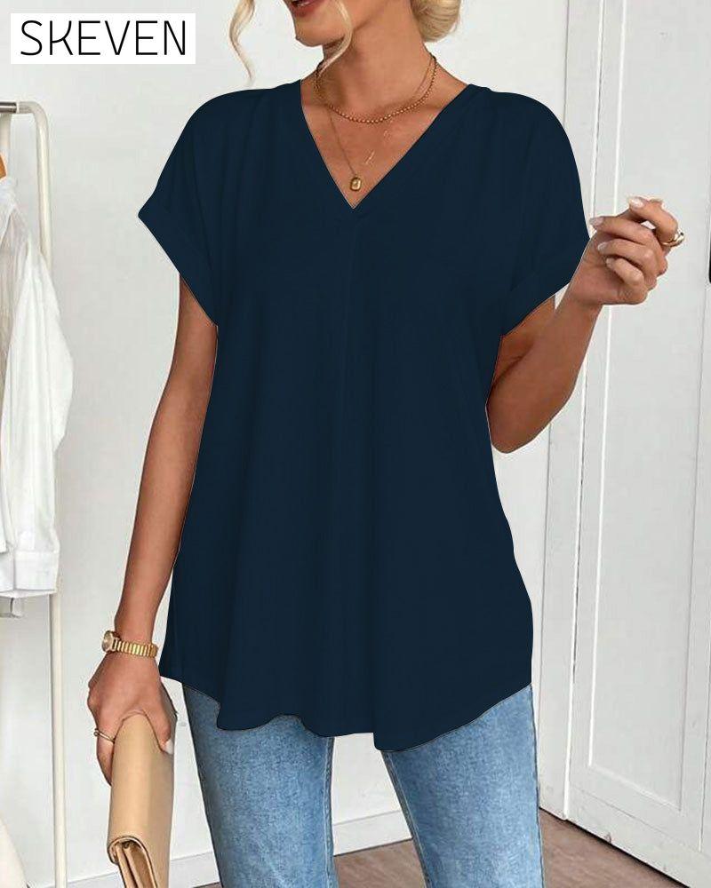 Short-Sleeved Solid Color Patchwork T-Shirt