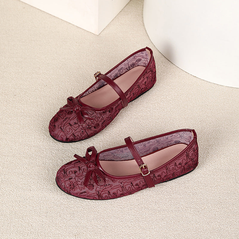 Womens Embroidered Mesh Mary Jane Flat Shoes