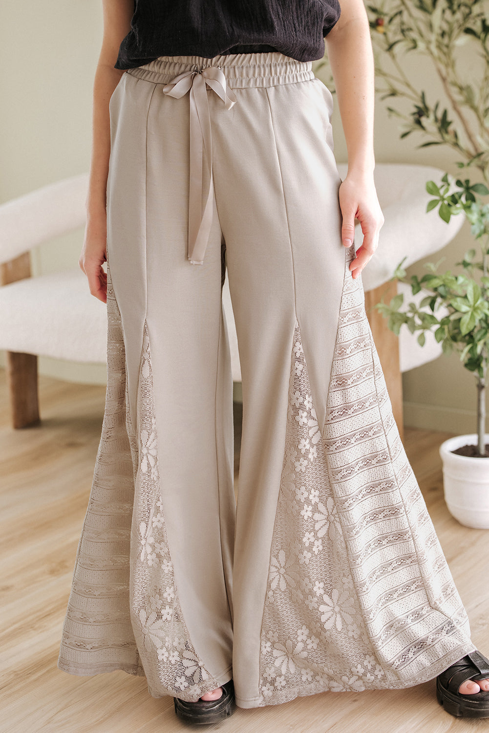 Blue Zone Planet |  Smoke Gray Boho Lace Patchwork Wide Leg High Waist Pants