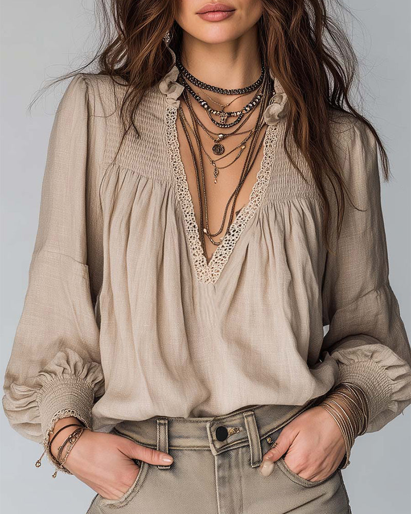 Deep V Neck Puff Sleeve Blouse