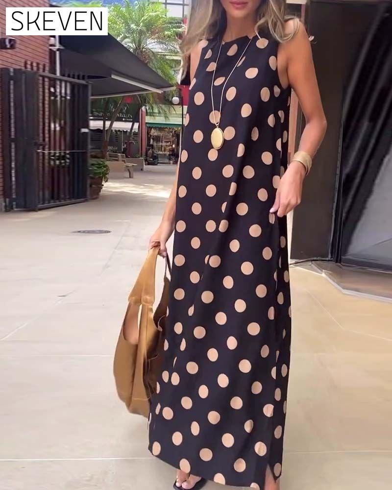 Robe maxi fendue sans manches à pois