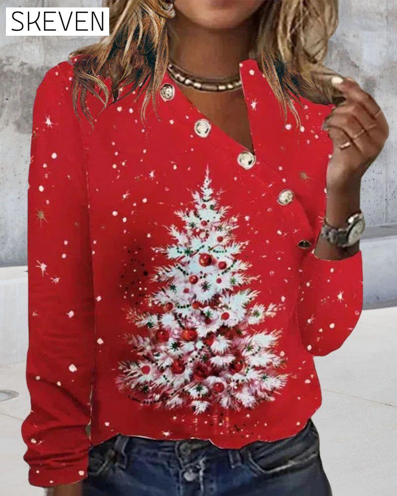 Oberteil mit seitlichem Schulterknopf und Weihnachtsbaum-Print