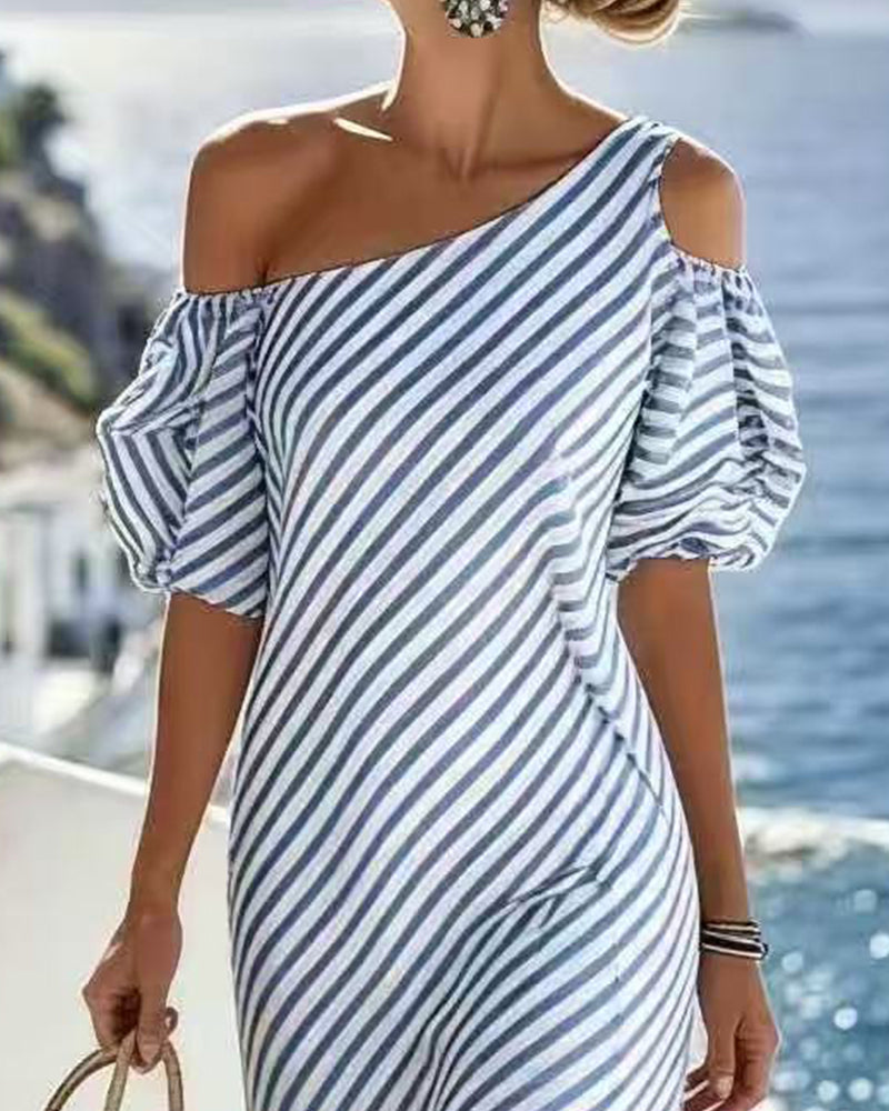 Blue And White Striped Off-Shoulder Dress