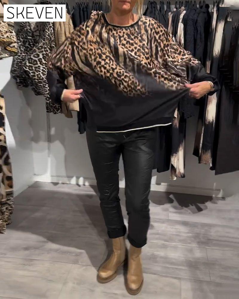 Lässige Bluse mit Leopardenmuster und Rundhalsausschnitt