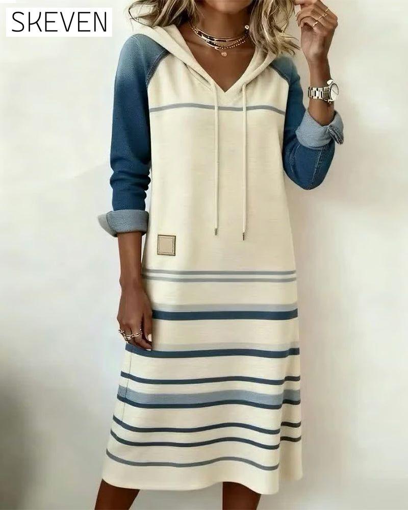 Kapuzenkleid mit Streifen und Farbblockmuster