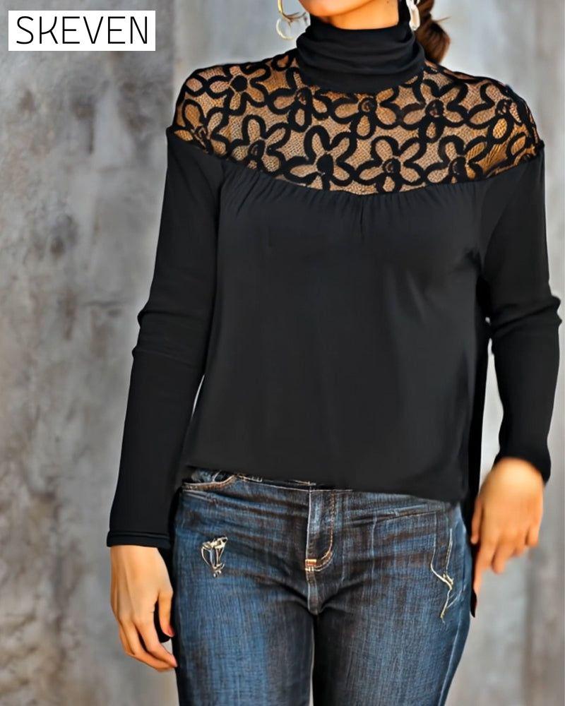 Turtleneck Lace Sheer Knit Top