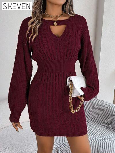 Cable-Knit Cutout Round Neck Slit Long Sleeve Sweater Dress Wine B.J.S clothes dress dresses long sleeve dress long sleeve dresses Ship From Overseas short dresses