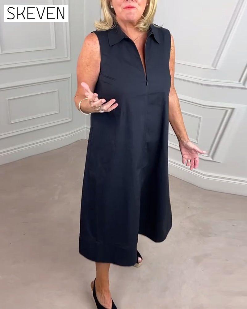 Solid color sleeveless lapel casual dress