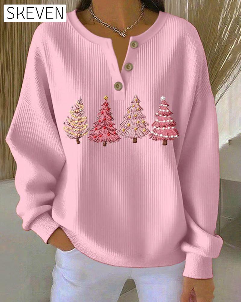 Buttoned Christmas Tree Print Sweatshirt