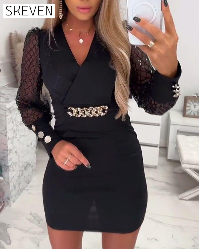 V-Neck Chain Button Mesh Patchwork Dress