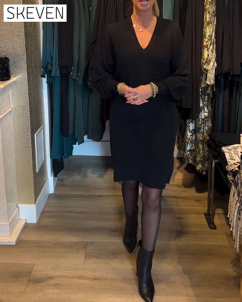 V-Neck Solid Color Sweater Dress