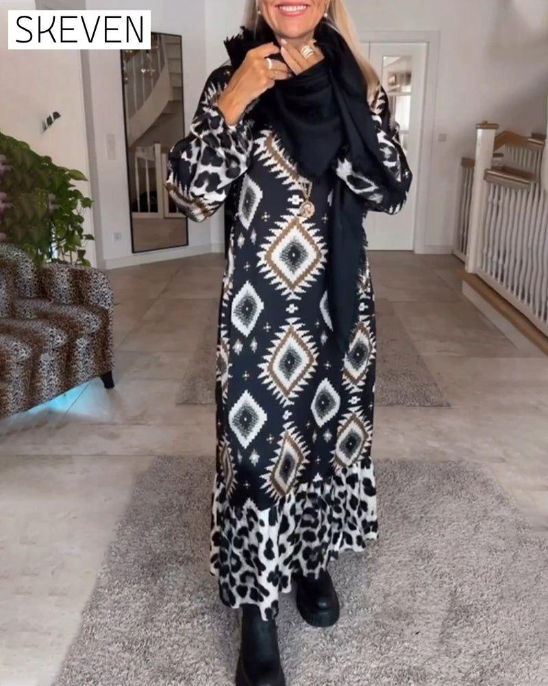Long Sleeve Geometric Print Dress