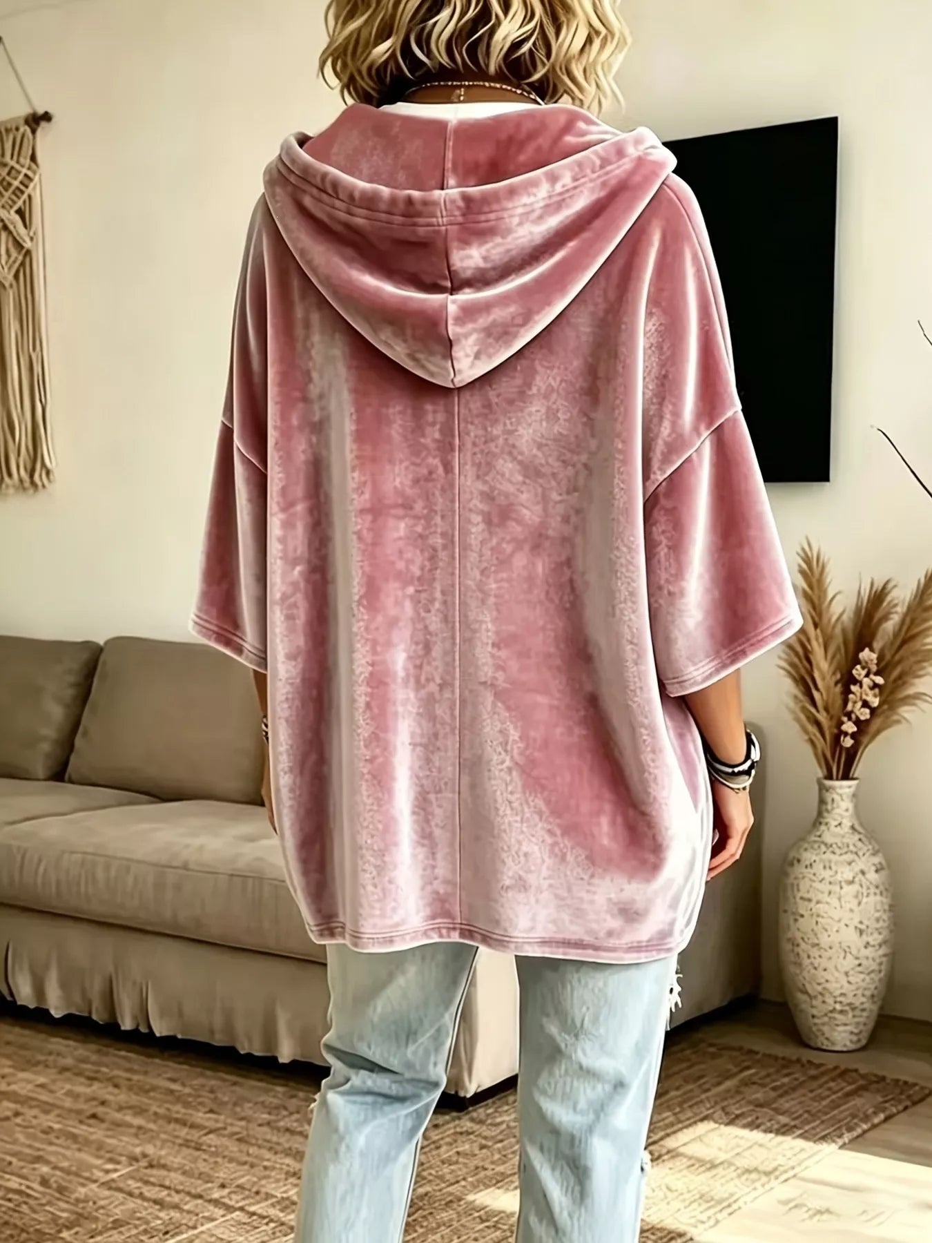 Full Size Velvet 3/4 Sleeve Hoodie with Kangaroo Pocket Plus Size