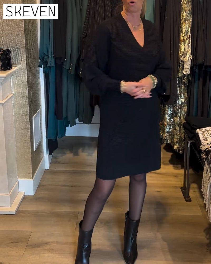 V-Neck Solid Color Sweater Dress