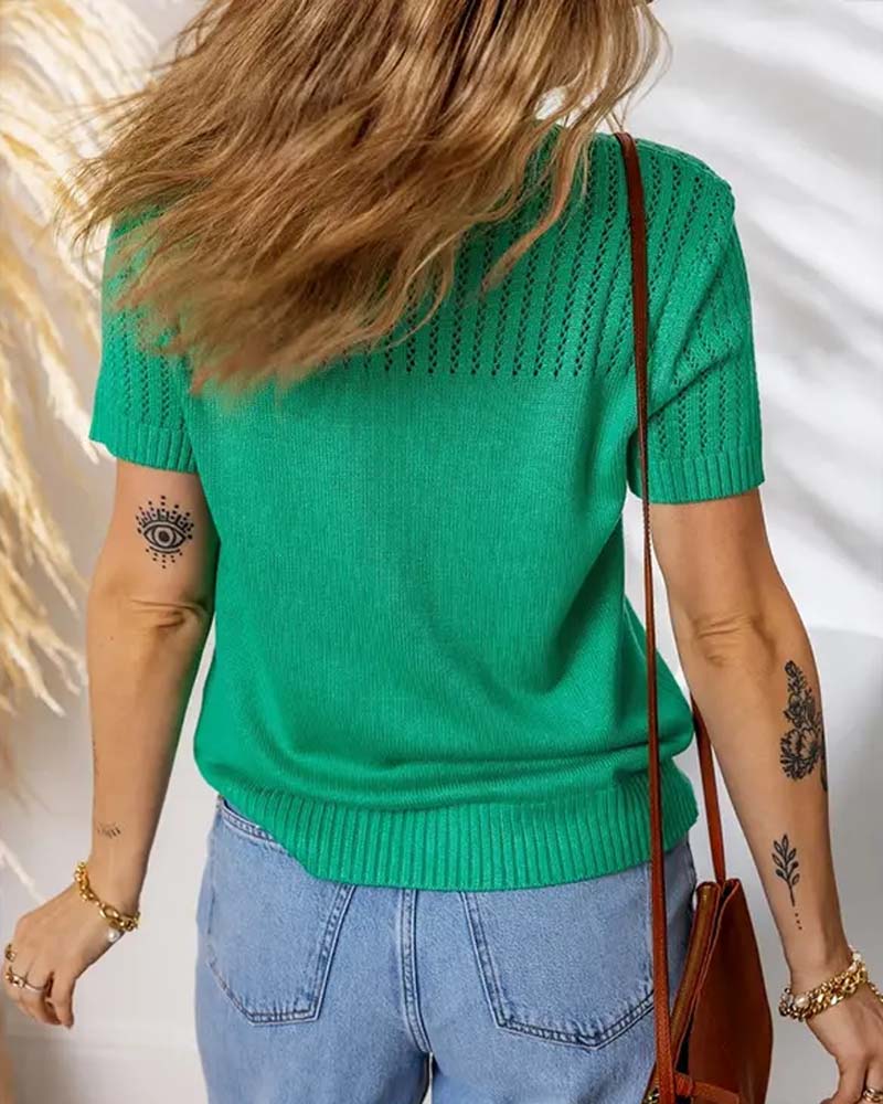 Hollow-Out Solid Color Knit Tops