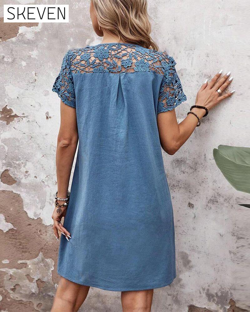Solid color hollow lace short sleeve pocket dress