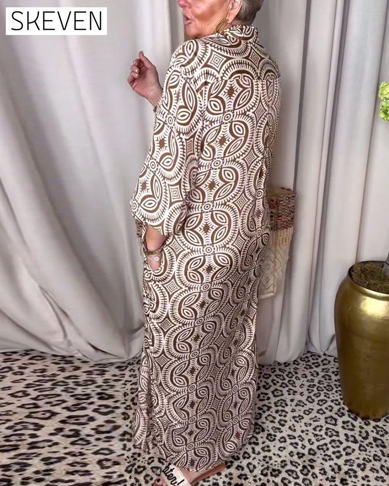 Vintage printed lapel pocket maxi dress