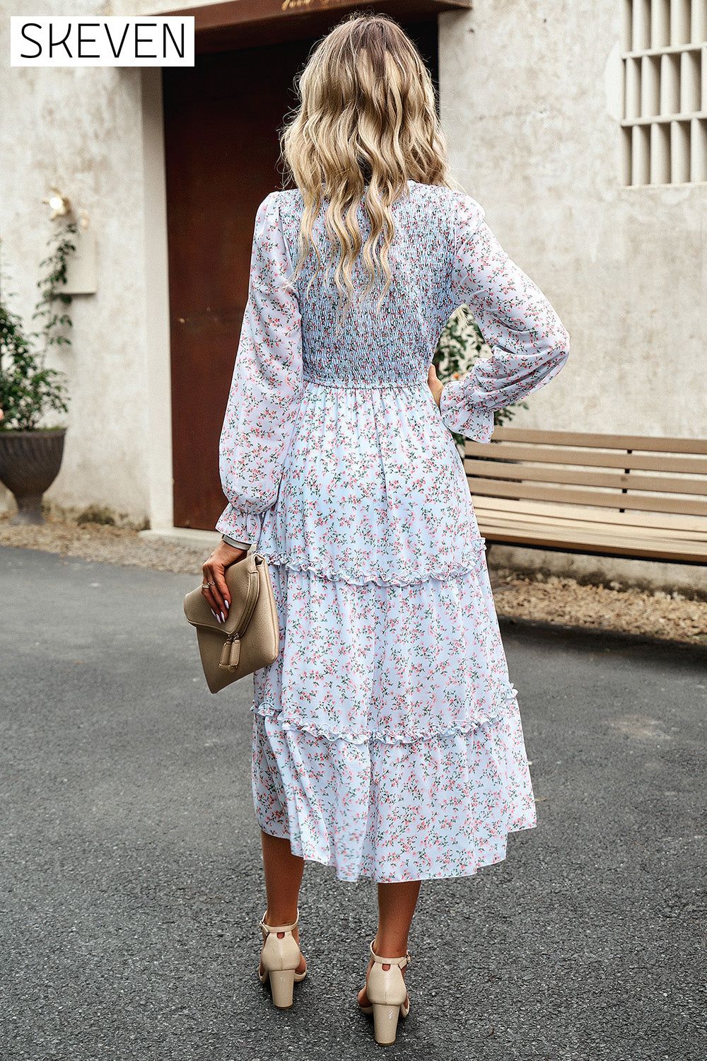 Smocked Flounce Sleeve Midi Dress clothes DY Ship From Overseas trendsi