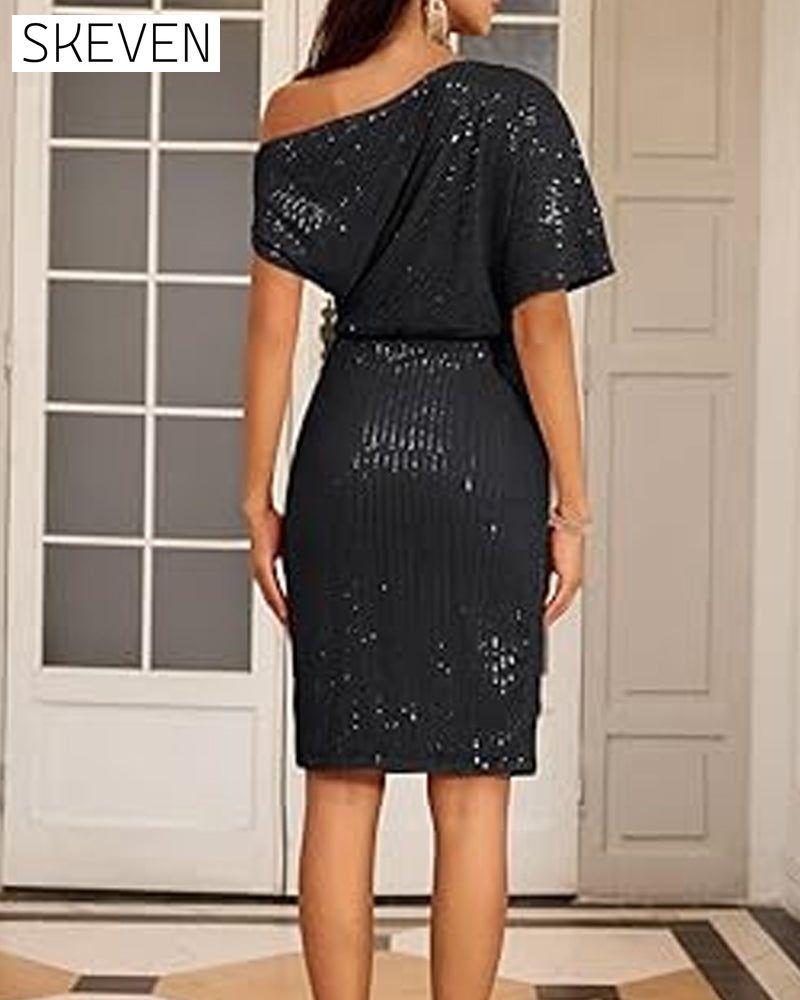 Robe élégante à sequins, décolleté en V et épaules dénudées